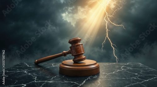 Judge gavel on marble surface under stormy lightning sky