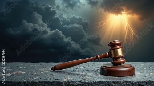 Judge gavel on stone surface under stormy lightning sky