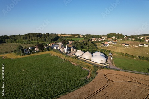 biogas production, biogas plants, bioenergy,aerial panorama landscape view of bio gas production facility and powerplant,European energy crisis,green renewable energy in Europe