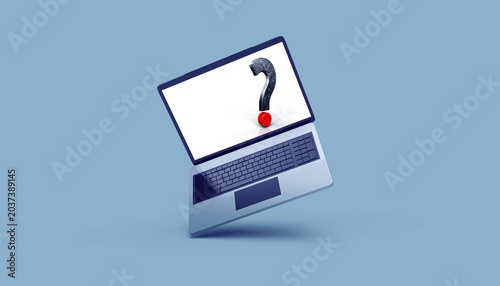 Creative 3D render of a floating laptop with a metallic question mark and a bright red dot on its white screen. Conceptual background for technical support, online customer help desk, computing doubts