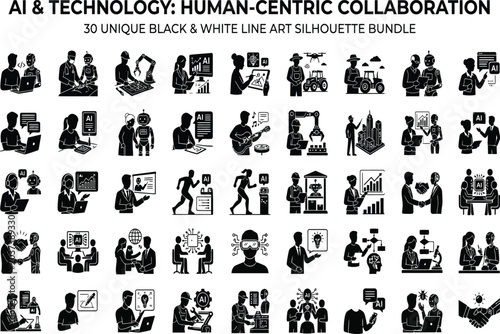Photos AI and technology human centric collaboration vector icons, artificial intelligence brain and future tech line art symbols