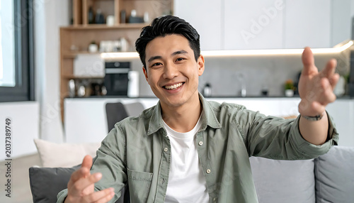 Friendly asian man gesturing welcome, looking at camera in a modern living room, online meeting greeting