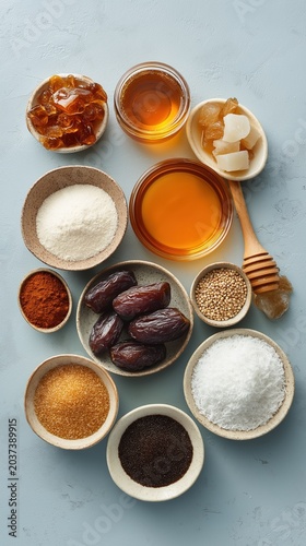 Assortment of natural sweeteners including honey, maple syrup, dates, and coconut sugar arranged in elegant flat lay on a light blue background with wooden honey dipper