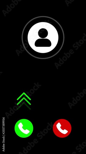 Incoming call screen with accept and reject buttons and animation on black background.