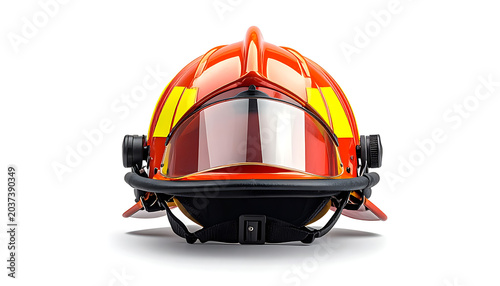Front view of a red and yellow firefighter helmet with a reflective visor, symbolizing safety and emergency services
