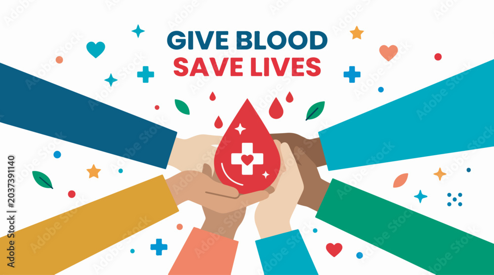 Fototapeta premium Multiple hands holding a blood drop with a cross inside, surrounded by colorful hearts and shapes, promoting blood donation.