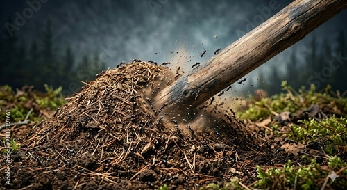 Stirring Up a Hornets' Nest Metaphor, Poking a Wooden Stick into a Large Anthill in the Forest