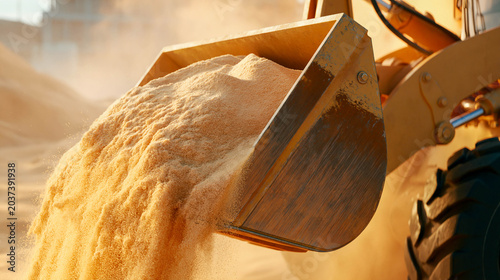 Close-up of a construction loader bucket spilling a stream of dry sand on a dusty construction site. Construction and earthworks concept.