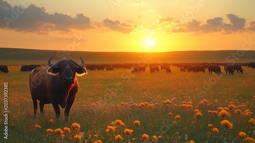 Majestic Buffalo Grazing In Field Of Wildflowers At Golden Hour Sunset With Dramatic Sky