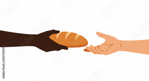 Flat illustration of a dark-skinned hand passing a loaf of bread to a light-skinned hand against a clean white background.
