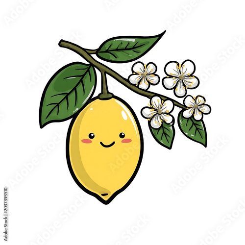Cute cartoon illustration of a smiling pear with green leaves.