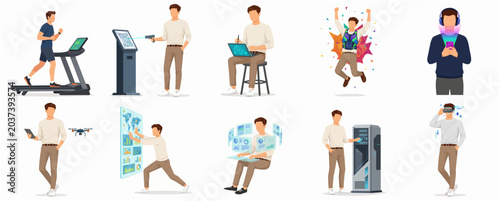 Set of flat vector illustrations of a young man using various modern technology, digital gadgets, and futuristic interfaces