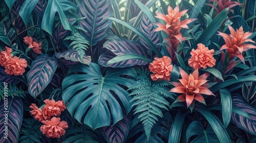 Vibrant Tropical Foliage - A Lush Display of Exotic Plants and Blossoms in a Botanical Garden.