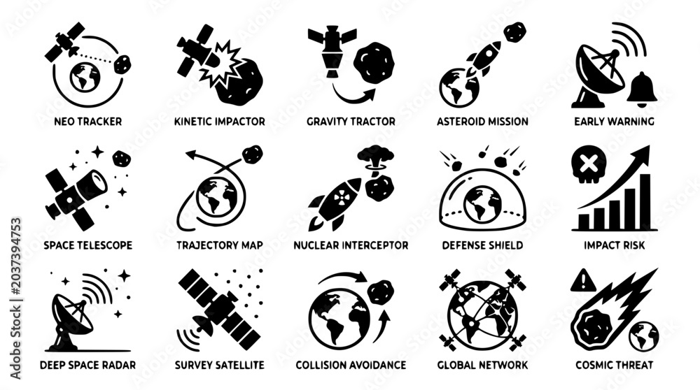 Fototapeta premium Asteroid defense system vector graphic illustration with various space icons
