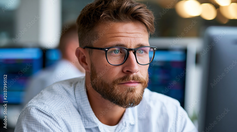 Obraz premium Focused stock trader using multiple monitors in a professional trading environment, financial markets and investment concept, defocused background, with copy space