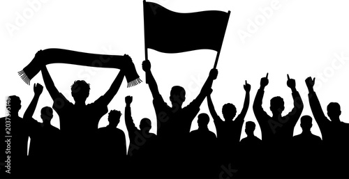 Protest Crowd Silhouettes Holding Flag and Signs Against isolated on transparent background	