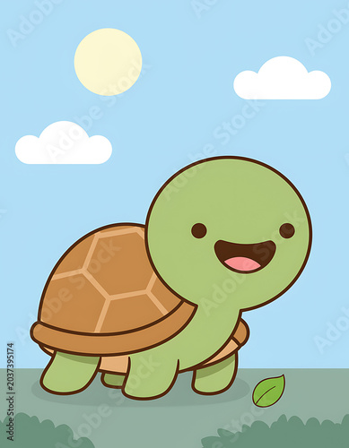 Smiling Cartoon Turtle Character Walking Alone.