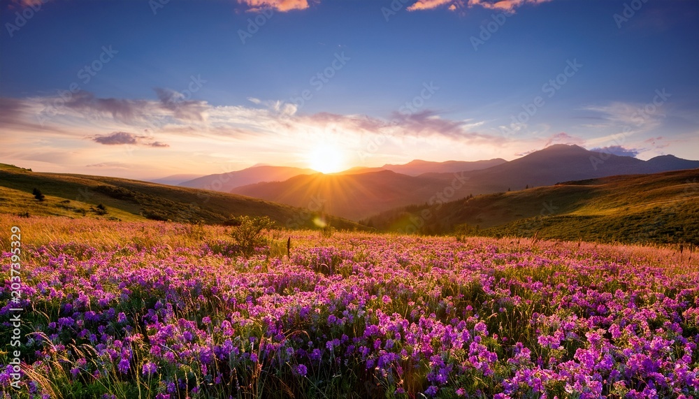 Obraz premium Purple Wildflower Meadow At Sunset