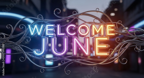 Welcome June celebration with sparkling gold and purple text.