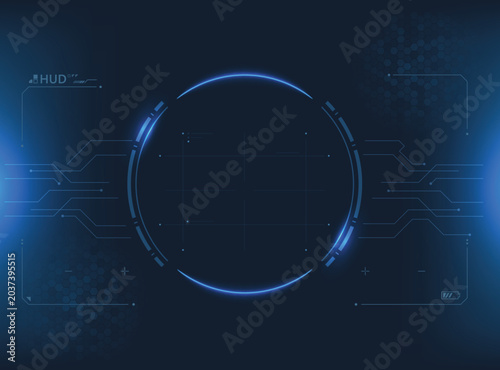 Futuristic blue HUD interface background. glowing neon circular radar screen, digital target crosshairs, abstract circuit board lines