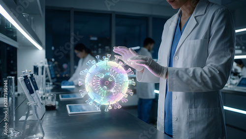 Cinematic photo of a scientist hand swiping a glowing holographic virus model floating over a lab desk.