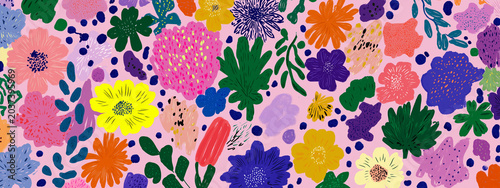 a visually rich, two dimensional graphic of numerous blooming flowers and botanical elements. dominant colors are pink