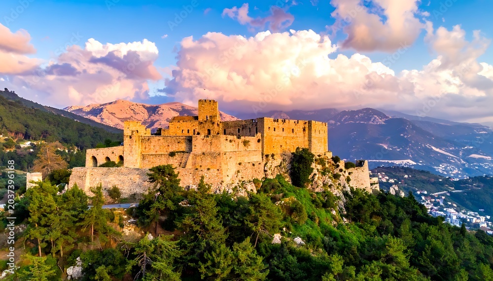 Obraz premium A large castle on a hill surrounded by trees and mountains