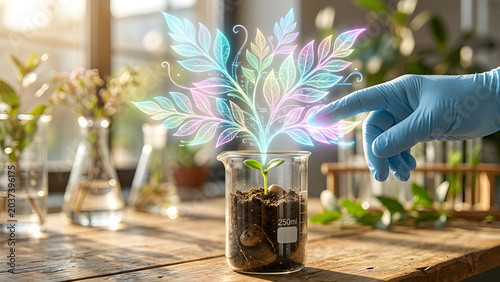 Beautiful realistic photo of a beaker growing a real plant with glowing holographic digital leaves.