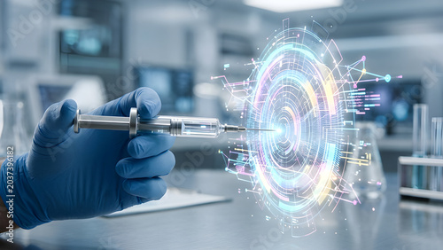 Futuristic photo of a medical syringe injecting into the air creating a glowing holographic digital ripple.