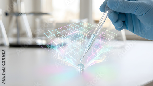 Macro photo of a lab dropper releasing liquid that hits a surface and forms a glowing holographic grid.