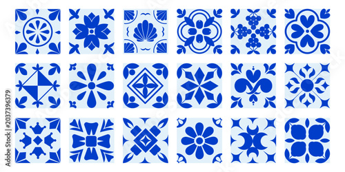 Mediterranean Ceramic Tile Pattern Set Isolated, Decorative Mosaic  with Geometric Floral, Fruits, Hearts, Natural Elements, European Ornamental