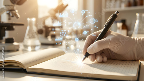 Realistic surreal photo of a gloved hand writing in a lab notebook that transforms into glowing holographic data charts.