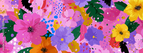a visually rich, two dimensional graphic of numerous blooming flowers and botanical elements. dominant colors are pink