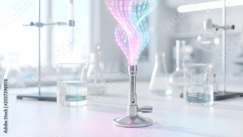 Cinematic photo of a bunsen burner flame transforming into a glowing stream of digital binary code.