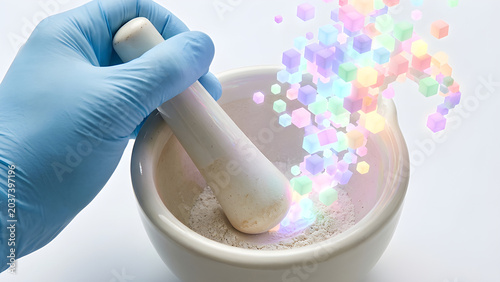 Macro realistic photo of a hand grinding chemicals in a mortar that transforms into glowing digital light pixels.