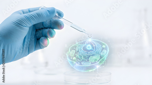 High speed realistic photo of a lab pipette drop transforming mid air into a glowing digital cell wireframe.