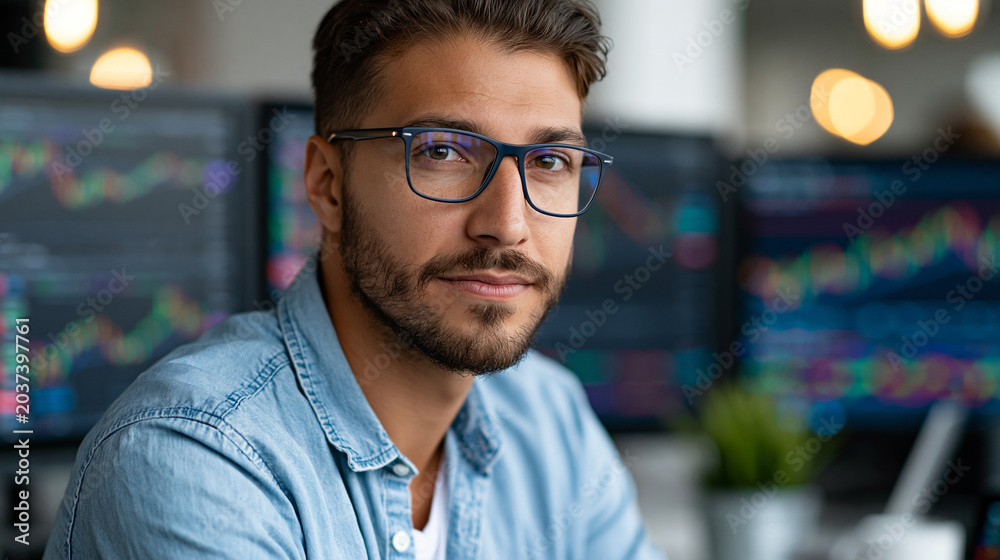 Fototapeta premium Young male crypto trader analyzing digital market fluctuations and candlestick charts on multiple monitors in a dark office, cryptocurrency and stocks concept, defocused