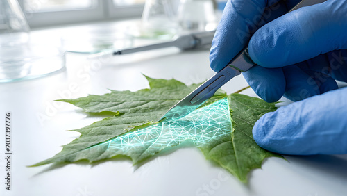 Realistic surreal photo of a gloved hand cutting a leaf revealing a glowing digital holographic wireframe inside.
