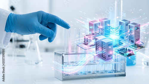 Surreal realistic photo of a test tube rack transforming into a glowing miniature digital server network.