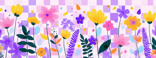 a visually rich, two dimensional graphic of numerous blooming flowers and botanical elements. dominant colors are pink