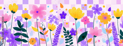 a visually rich, two dimensional graphic of numerous blooming flowers and botanical elements. dominant colors are pink