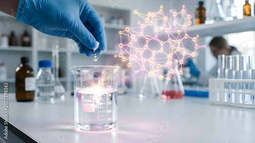 Cinematic photo of a chemical dropped in a beaker erupting into a glowing 3D holographic molecular bond.