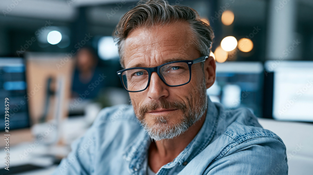 Obraz premium Man wearing glasses sitting at a computer desk with multiple monitors, professional tech workspace concept, defocused background, with copy space