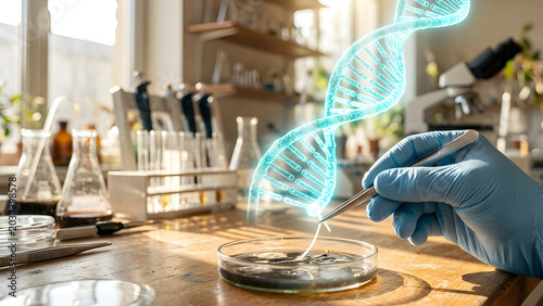 Realistic photo of lab tweezers pulling a fiber that transforms into a massive glowing holographic DNA strand.