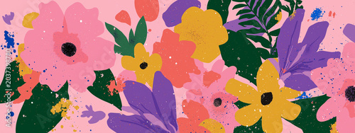 a visually rich, two dimensional graphic of numerous blooming flowers and botanical elements. dominant colors are pink