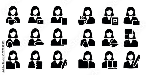 Business and professional concept icons with woman, coffee and briefcase for web dashboard design in solid icon style