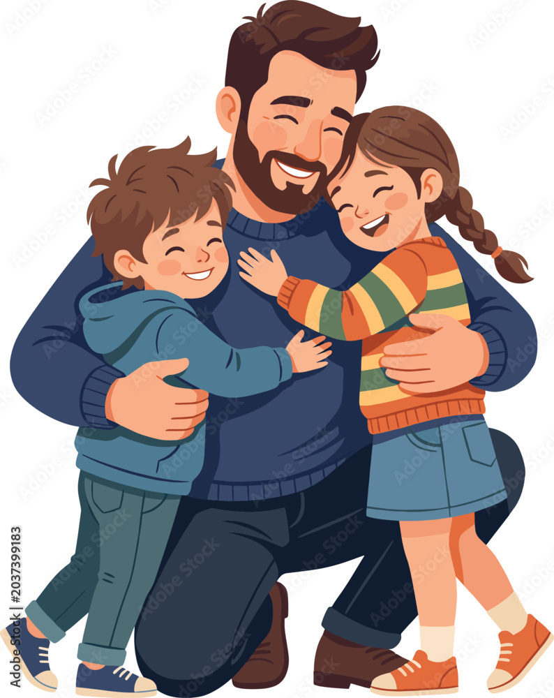 Fototapeta premium Father Hugging His Two Children Fathers Day Loving Family