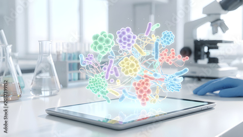 Realistic photo of a digital tablet screen growing a glowing 3D holographic culture of biological cells.