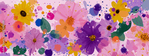 a visually rich, two dimensional graphic of numerous blooming flowers and botanical elements. dominant colors are pink