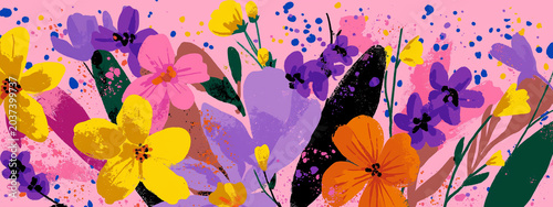 a visually rich, two dimensional graphic of numerous blooming flowers and botanical elements. dominant colors are pink
